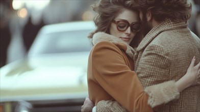 Couple embracing closely wearing vintage clothing in an autumn street, AI generated