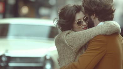 Couple hugging warmly in front of a retro car on a cozy day, AI generated