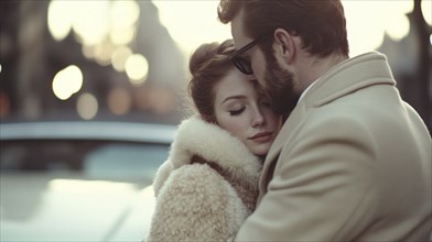 Couple sharing a quiet, intimate moment in front of a retro car, AI generated