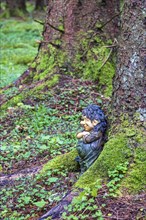 Troll leaning against a tree trunk in a forest with green moss and wood sorrel (Oxalis acetosella)