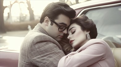 Couple embracing near a vintage car in a romantic, nostalgic atmosphere, AI generated