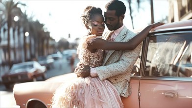 A couple embracing romantically in pastel colors near a vintage car on a sunny street, AI generated