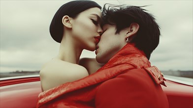 An intense kiss between a couple dressed in red against a gray sky, AI generated