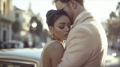 A sophisticated couple embracing softly with a classic car in the background, AI generated