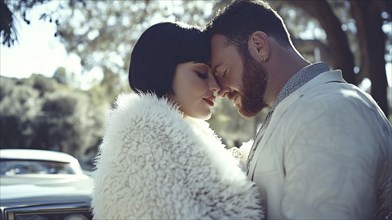 A romantic couple embracing with a lush background and a classic car nearby, AI generated