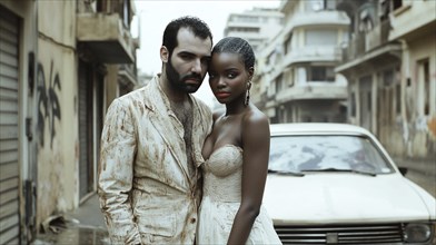 A serious couple standing close together in an urban setting with a car behind them, AI generated