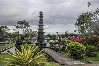 The water temple or water palace of the king. Tropical landscapes, colourful flowers and statues