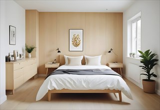 Minimalist bedroom with white decor and wooden furniture, featuring cozy ambiance, natural light,