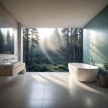 Modern bathroom with a luxurious bathtub facing a breathtaking forest view, capturing natural light