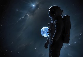 Astronaut in space gazing at Earth, surrounded by the darkness and stars of the galaxy, evoking