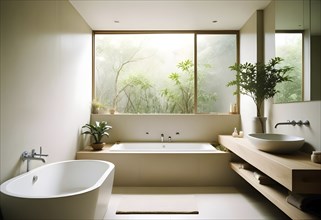 Modern bathroom with a large window showcasing greenery outside, featuring a luxurious bathtub and