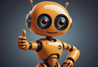 A cheerful orange humanoid robot giving a thumbs up, conveying a friendly and advanced