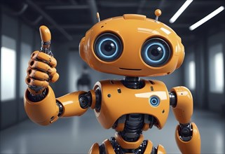 A cheerful orange humanoid robot giving a thumbs up, creating an advanced and friendly atmosphere,