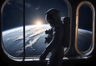 An astronaut in a spaceship observing Earth through a window with a beautiful sunrise, evoking a