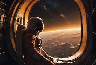 An astronaut in a spaceship looking at a planet through a window, with a stunning sunset view in