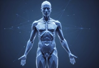 A geometric human figure composed of polygons and networks in a blue hue, representing advanced