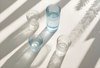 Various glass cups and shadows creating reflections in bright, minimalist sunlight, giving a clean,