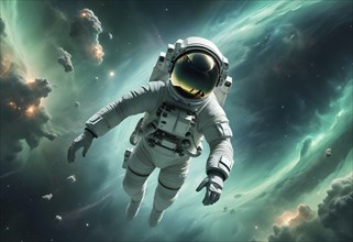 Astronaut in a white suit floating in space among nebulae and stars, evoking a sense of adventure,