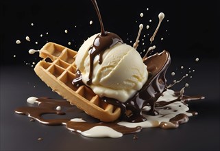 Indulgent dessert featuring a waffle topped with ice cream and chocolate sauce splashing, set