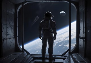 Astronaut in a spaceship looking out at Earth, evoking the feeling of space exploration and the