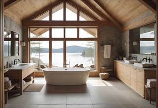 Modern bathroom with a large tub and wooden interior, featuring large windows with a lake view,