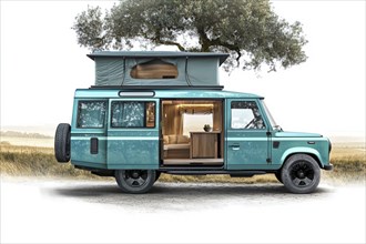 Modern teal green camper van with pop-up roof in an open field next to a tree, ready for camping,