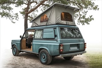 Retro teal camper van with a tent roof parked under a tree, ready for a rustic camping adventure,