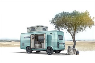 Teal green camper van with pop-up roof under a tree in an open countryside, minimalistic design, AI