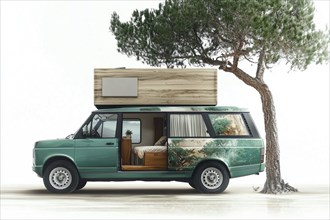 Artistically designed camper van blended into nature with a custom wooden rooftop extension, AI