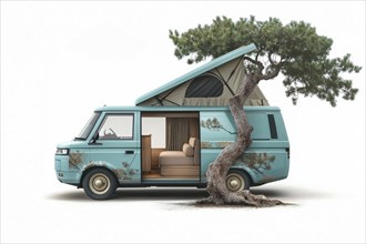 Uniquely painted turquoise van parked beside an olive tree, blending vintage design with natural