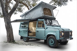 Turquoise van parked under a pine tree in an open space, ready for an adventure, AI generated