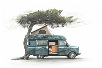 Artistic blue van under a tree, set in a wilderness environment with a creative touch, AI generated