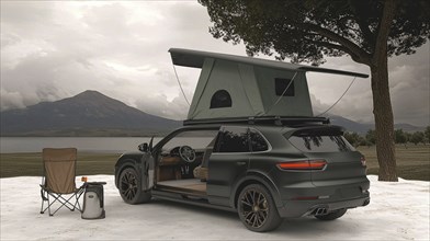 Modern black SUV set up for camping near a mountain lake, accompanied by a camping chair, AI