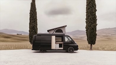 Black van in a rural setting surrounded by two tall trees, capturing a vibe of solitude, AI