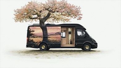 Camper van with painted landscape and cozy interior, parked under a tree in a scenic outdoor