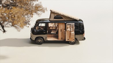 Aerial view of a black van with a pop-up roof and open doors, showcasing a wooden interior in an