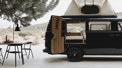 Black van with pop-up roof and open side door revealing a modern interior, parked near a dining