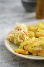 Close-up view of baked pork fillet with melted cheese served with fried potato and cabbage salad