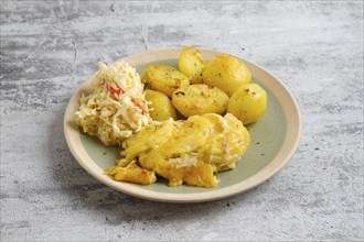 Pork fillet baked in oven with melted cheese and onion served with roasted potato and cabbage salad