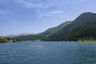 View of a lake with blue water, surrounded by green hills and forests under a clear sky with few