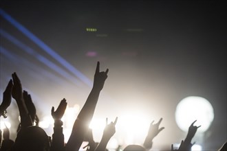 Festival visitors show the metal salute at the Wacken Open Air in Wacken. The traditional metal