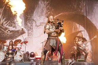 Captain Feuerschwanz, singer of the band Feuerschwanz, with bagpipes at the Wacken Open Air in