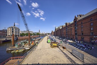 Construction site at the Kehrwieder road, pontoon with crane, Speicherstadt, Free and Hanseatic