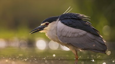 Black crowned night heron (Nycticorax nycticorax) portrait, in splendid plumage with decorative