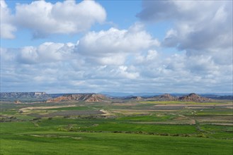 Vast landscape with green fields and hills under a cloudy sky, peaceful atmosphere, Bardenas Reales