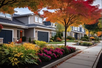 A serene suburban street featuring modern homes in autumn with colorful plants, AI generated