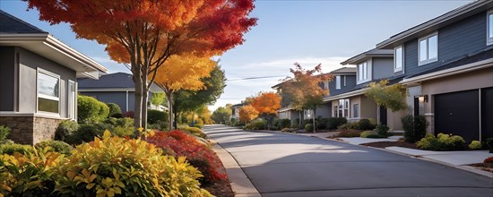 A serene suburban street featuring modern homes in autumn with colorful plants, AI generated