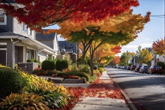 A serene suburban street featuring modern homes in autumn with colorful plants, AI generated