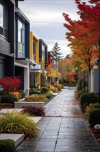 A serene suburban street featuring modern homes in autumn with colorful plants, AI generated