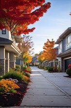 A serene suburban street featuring modern homes in autumn with colorful plants, AI generated